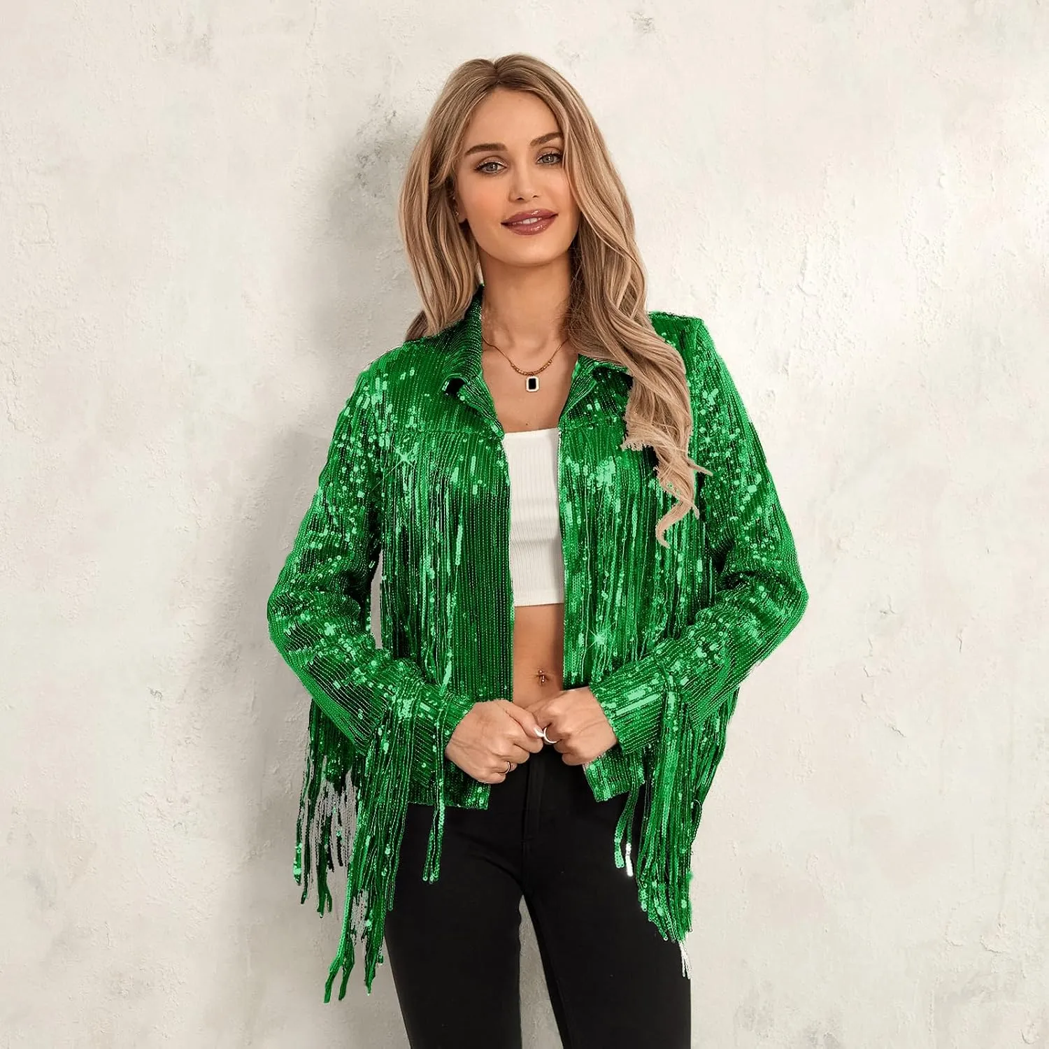 FEORJGP Women Sparkly Sequin Jacket Shiny Glitter Tassel Fringe Hem Disco Jacket Sequin Fringe Jacket Coat Y2K 90s Streetwear