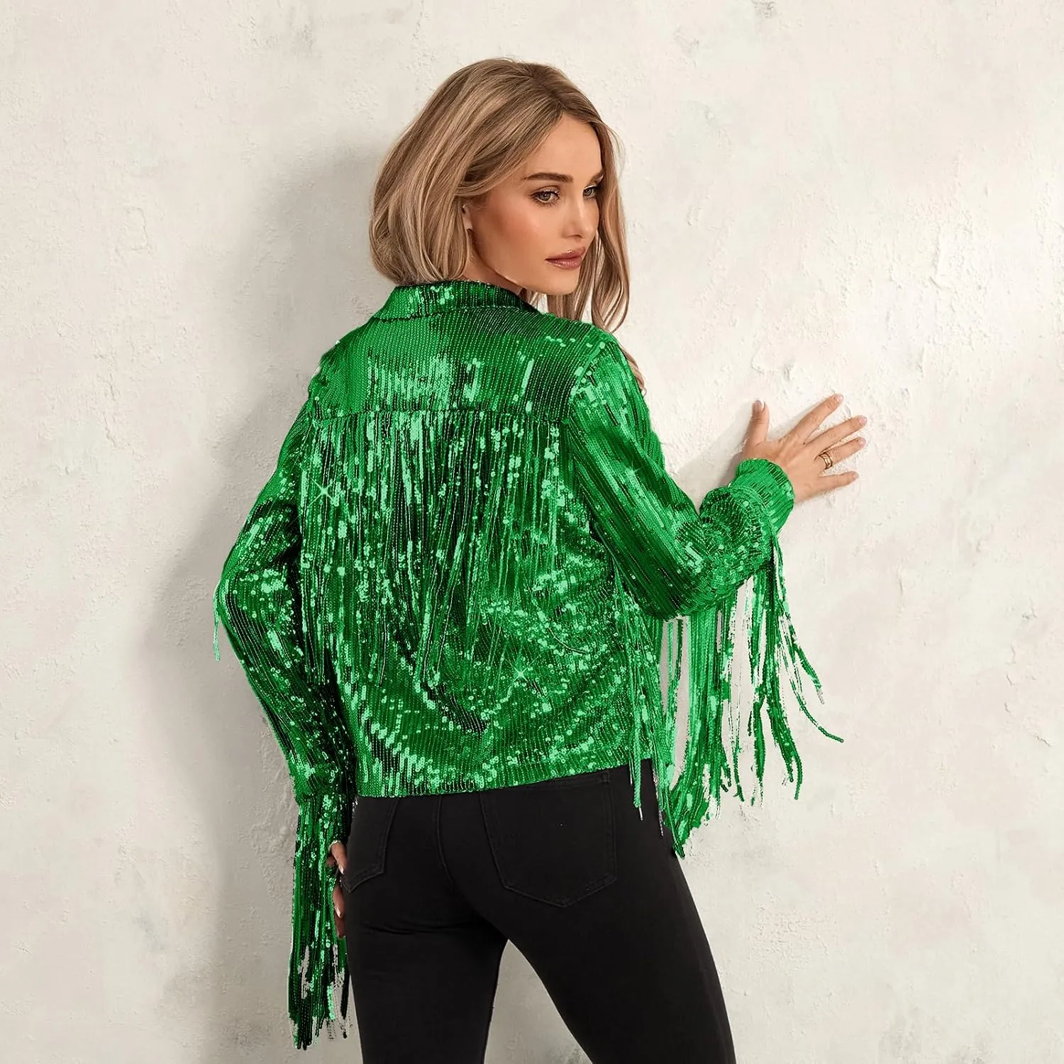 FEORJGP Women Sparkly Sequin Jacket Shiny Glitter Tassel Fringe Hem Disco Jacket Sequin Fringe Jacket Coat Y2K 90s Streetwear