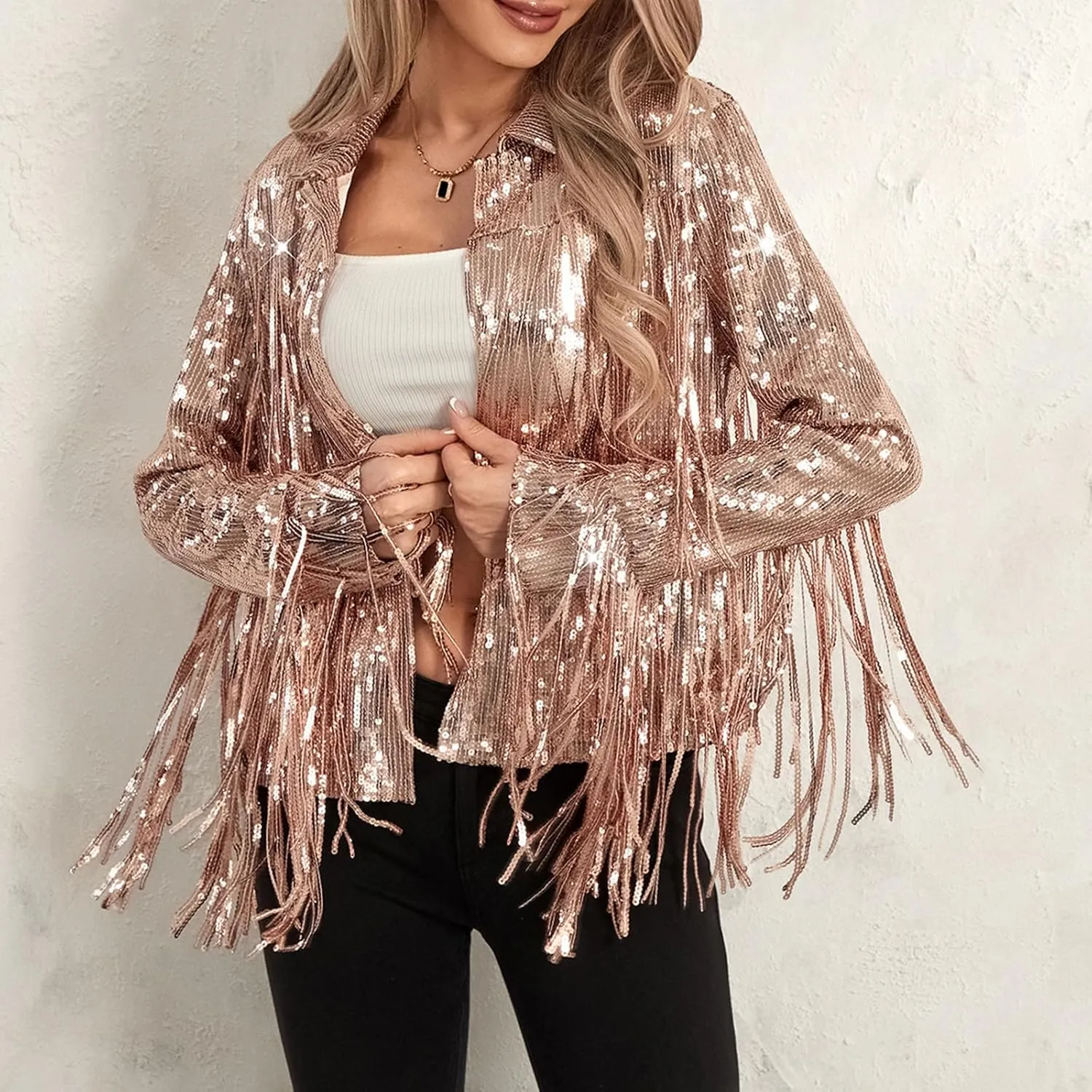 FEORJGP Women Sparkly Sequin Jacket Shiny Glitter Tassel Fringe Hem Disco Jacket Sequin Fringe Jacket Coat Y2K 90s Streetwear