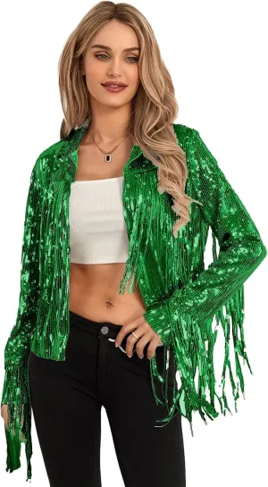 FEORJGP Women Sparkly Sequin Jacket Shiny Glitter Tassel Fringe Hem Disco Jacket Sequin Fringe Jacket Coat Y2K 90s Streetwear