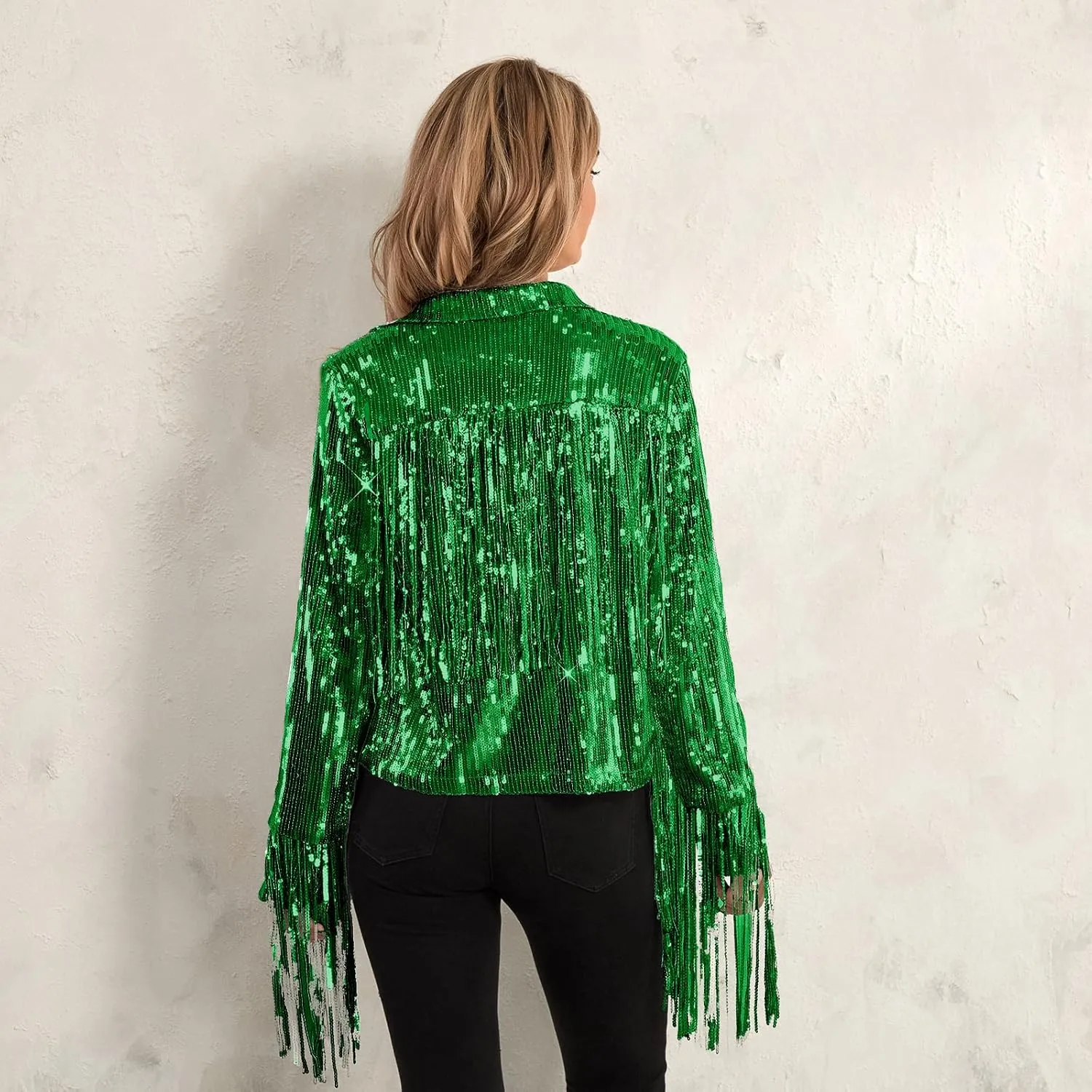 FEORJGP Women Sparkly Sequin Jacket Shiny Glitter Tassel Fringe Hem Disco Jacket Sequin Fringe Jacket Coat Y2K 90s Streetwear