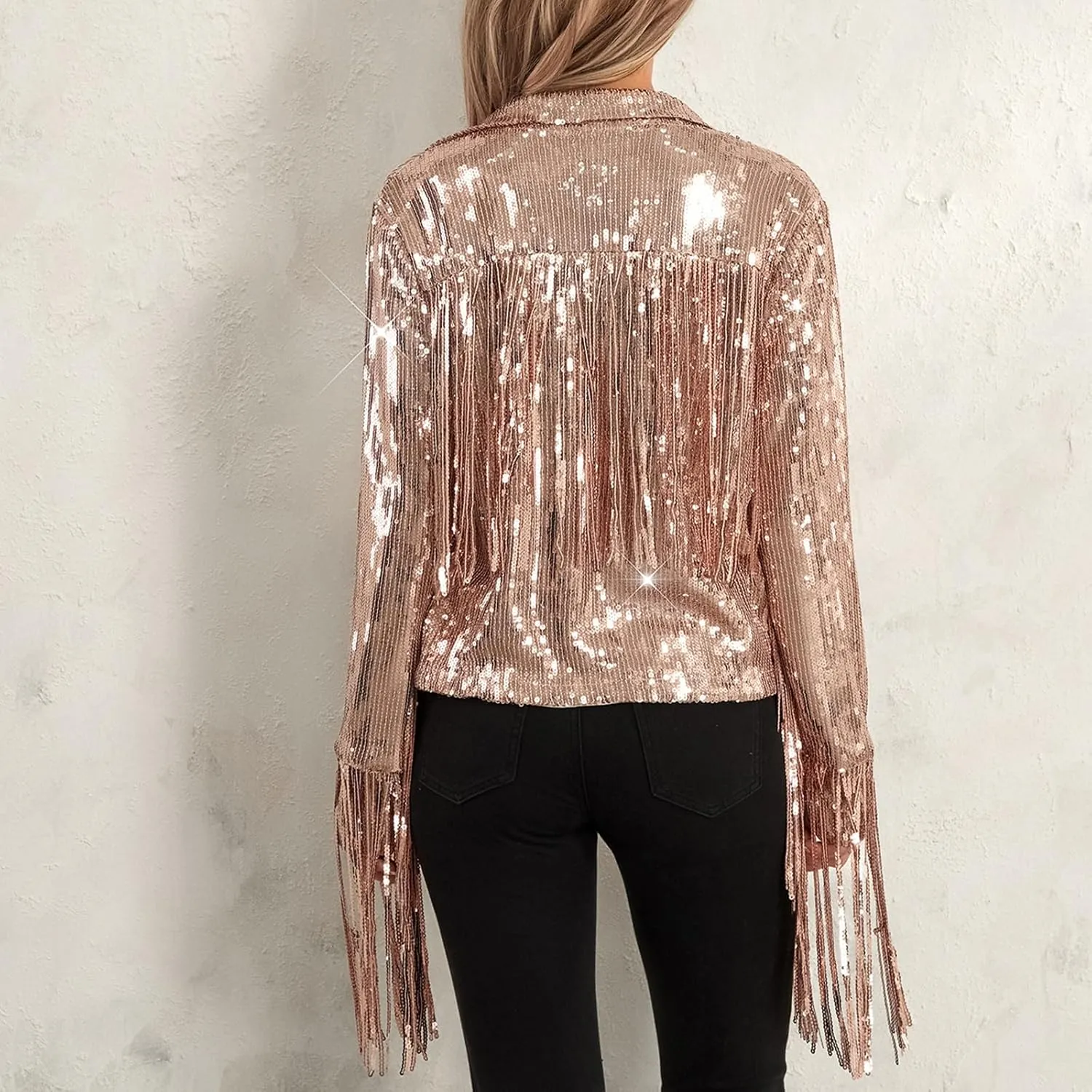 FEORJGP Women Sparkly Sequin Jacket Shiny Glitter Tassel Fringe Hem Disco Jacket Sequin Fringe Jacket Coat Y2K 90s Streetwear