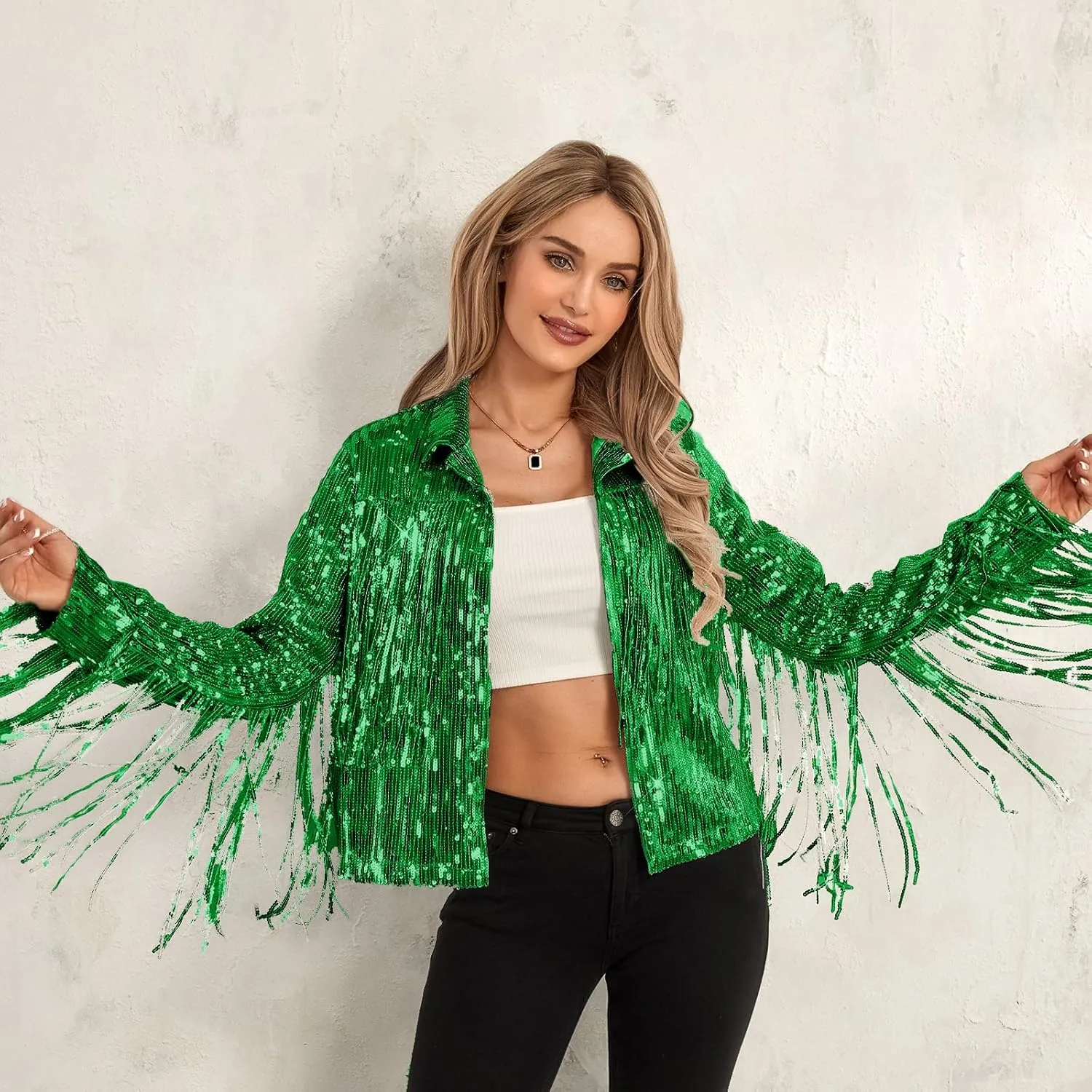 FEORJGP Women Sparkly Sequin Jacket Shiny Glitter Tassel Fringe Hem Disco Jacket Sequin Fringe Jacket Coat Y2K 90s Streetwear