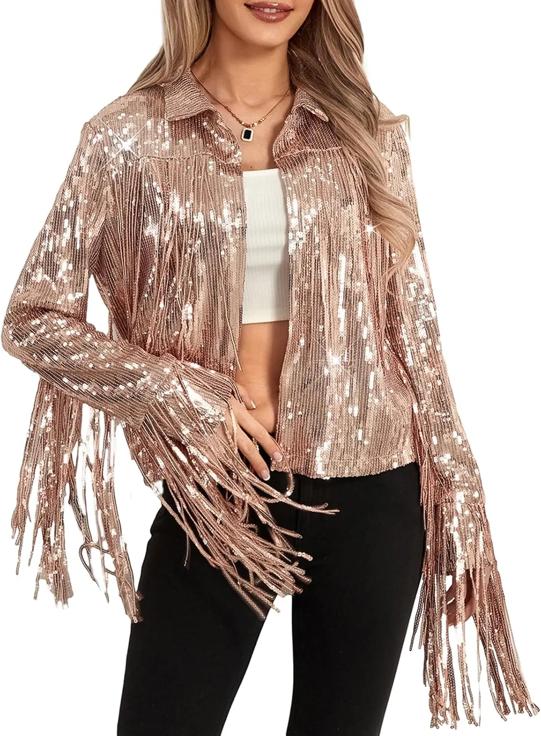 FEORJGP Women Sparkly Sequin Jacket Shiny Glitter Tassel Fringe Hem Disco Jacket Sequin Fringe Jacket Coat Y2K 90s Streetwear