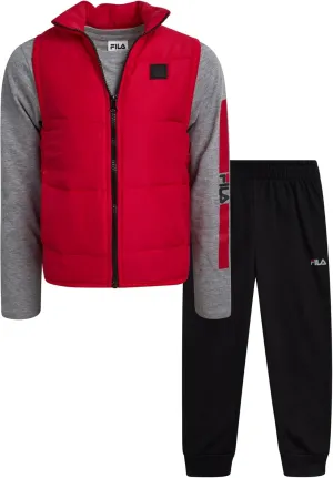 Fila Toddler Boys' Vest Set - 3 Piece Long Sleeve Jersey Tee, Quilted Taffeta Vest and Fleece Joggers for Boys (Sizes: 2T-7)