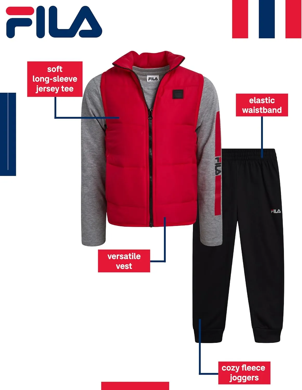 Fila Toddler Boys' Vest Set - 3 Piece Long Sleeve Jersey Tee, Quilted Taffeta Vest and Fleece Joggers for Boys (Sizes: 2T-7)
