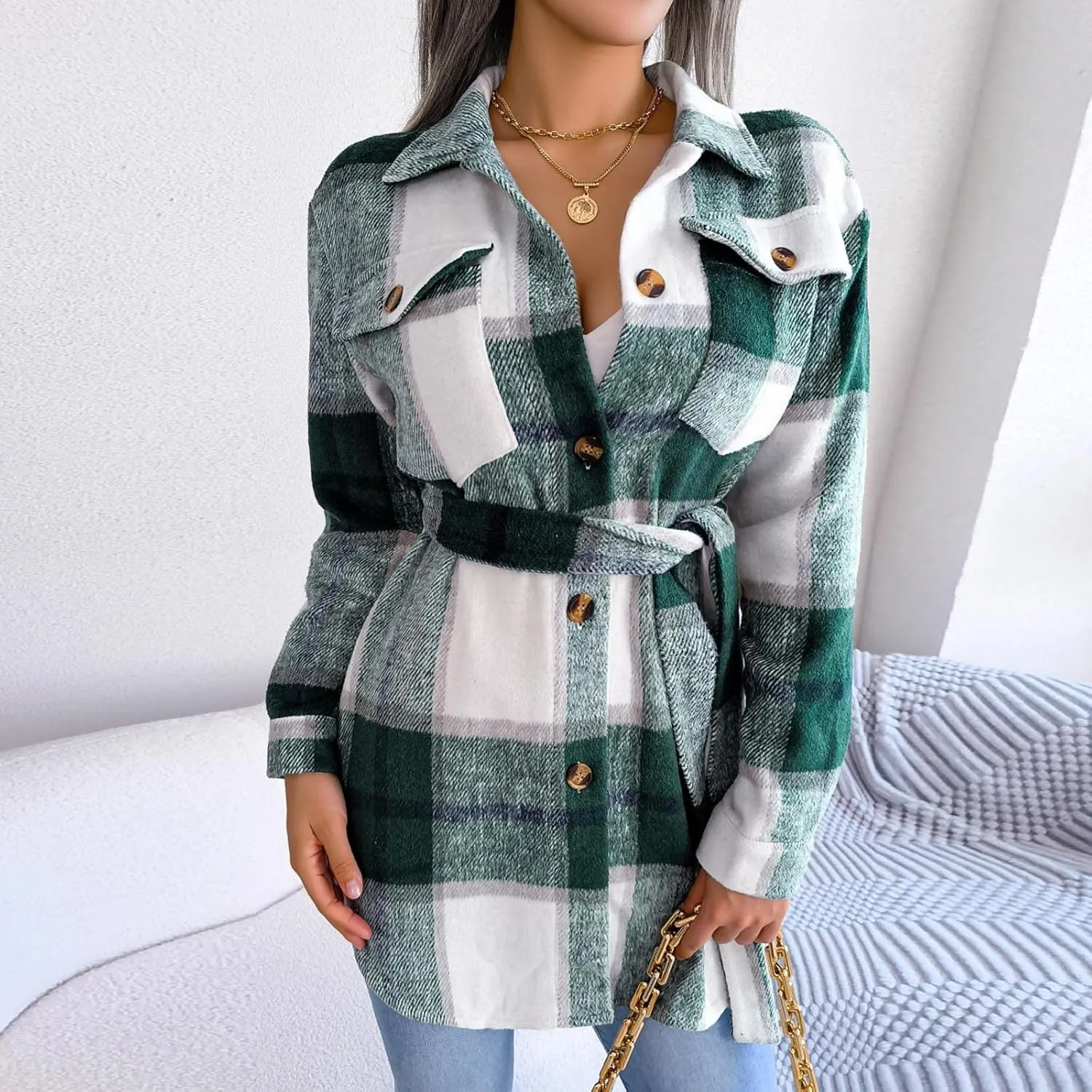 Flannel Shirts for Women Winter Tartan Jacket Tartan Trench Coat with Belt Quilted Lined Shacket Jacket