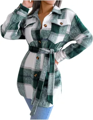 Flannel Shirts for Women Winter Tartan Jacket Tartan Trench Coat with Belt Quilted Lined Shacket Jacket