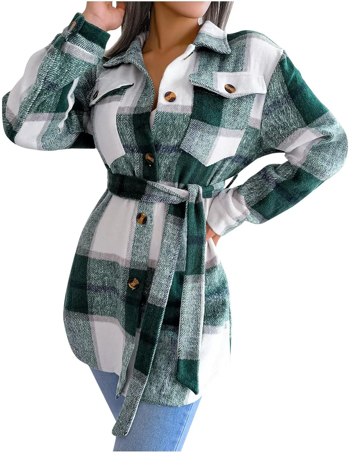Flannel Shirts for Women Winter Tartan Jacket Tartan Trench Coat with Belt Quilted Lined Shacket Jacket