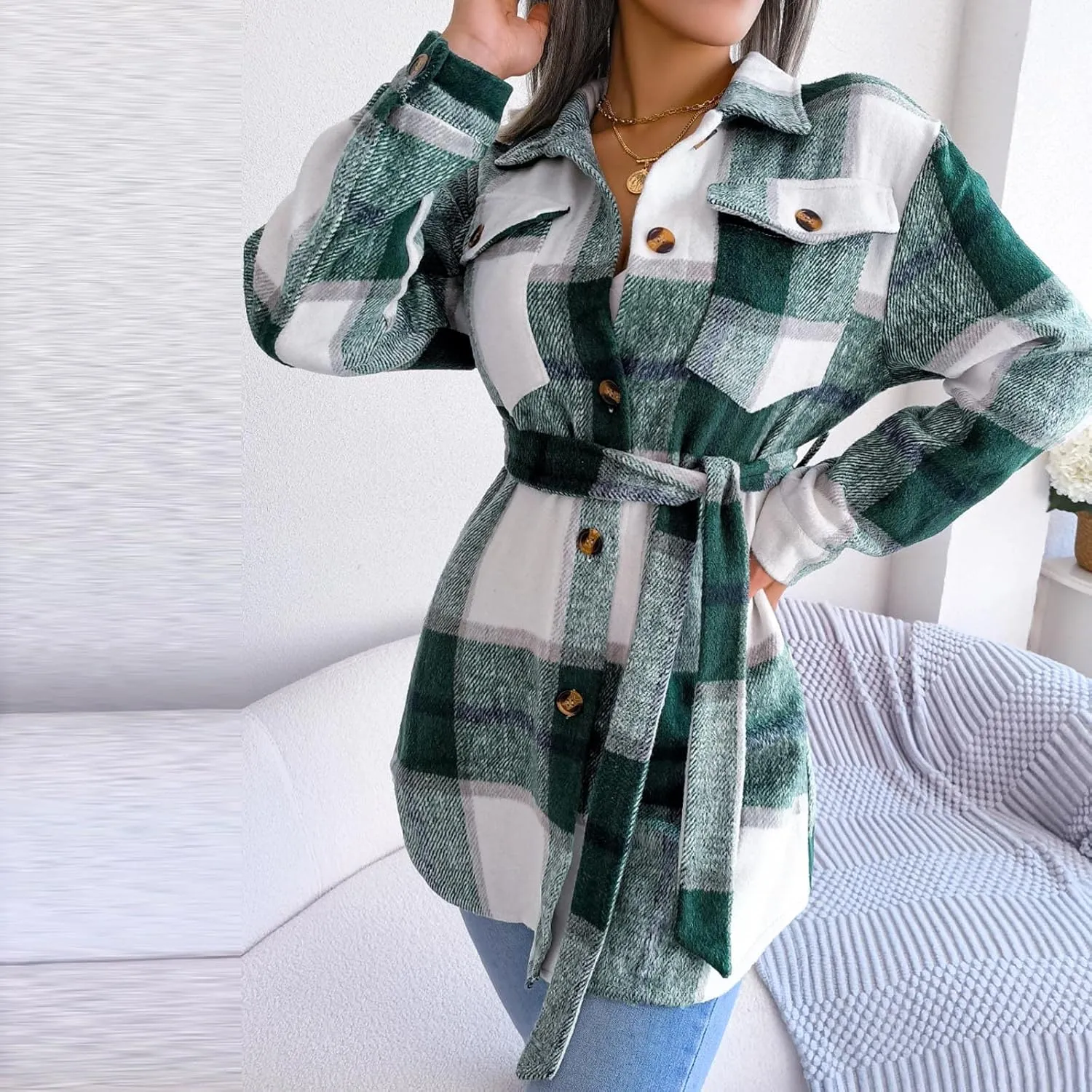 Flannel Shirts for Women Winter Tartan Jacket Tartan Trench Coat with Belt Quilted Lined Shacket Jacket