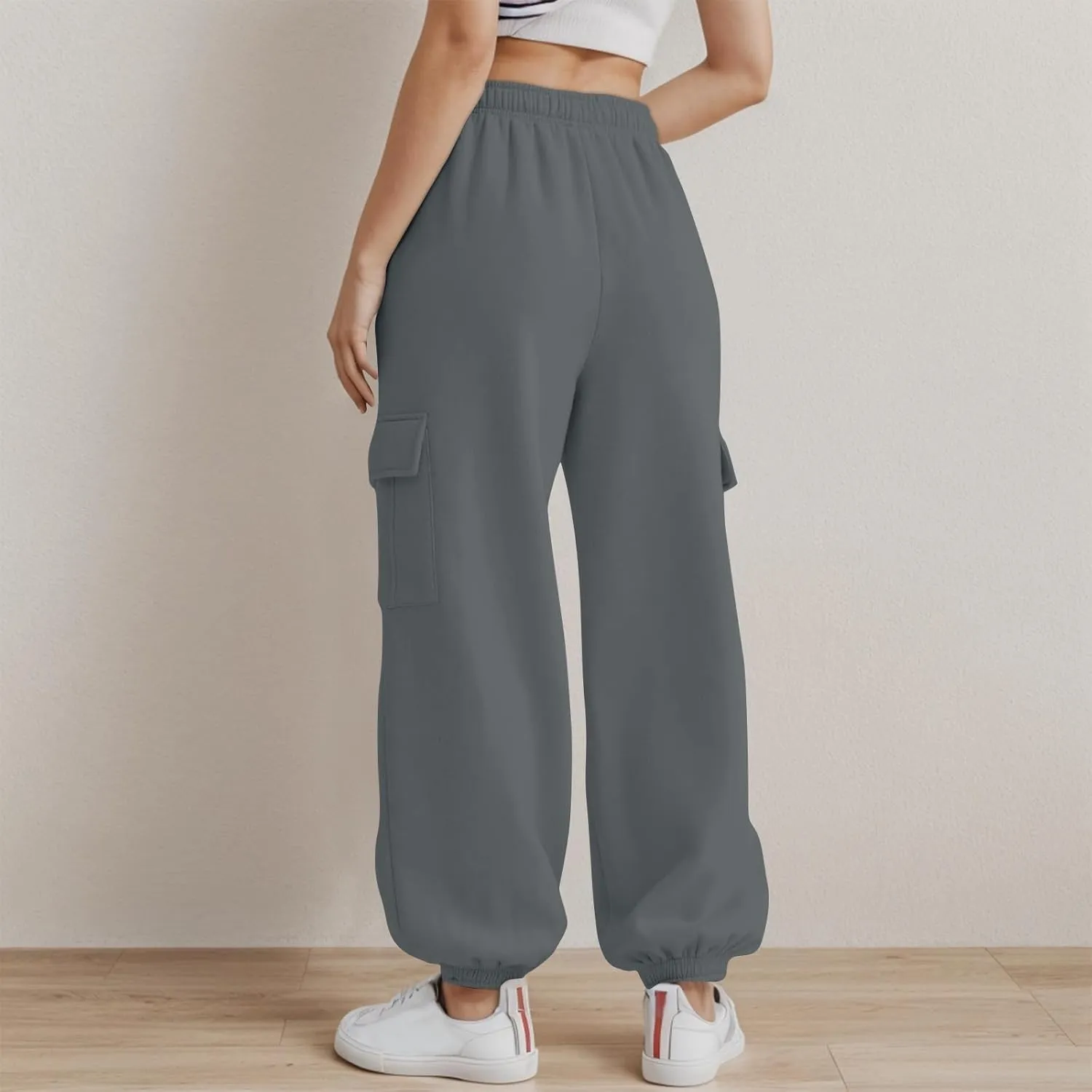 Fleece Cargo Sweatpants Women Fall Elastic High Waist Joggers Straight Leg Cinch Bottom Pants Jogger Pants with Pocket