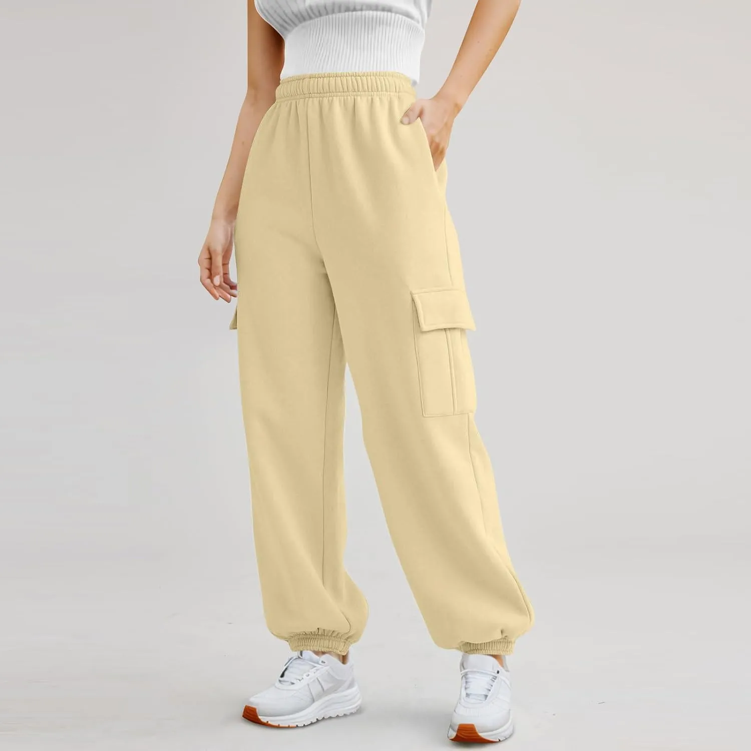 Fleece Cargo Sweatpants Women Fall Elastic High Waist Joggers Straight Leg Cinch Bottom Pants Jogger Pants with Pocket