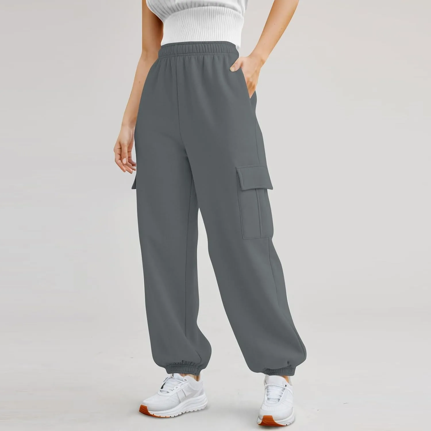 Fleece Cargo Sweatpants Women Fall Elastic High Waist Joggers Straight Leg Cinch Bottom Pants Jogger Pants with Pocket