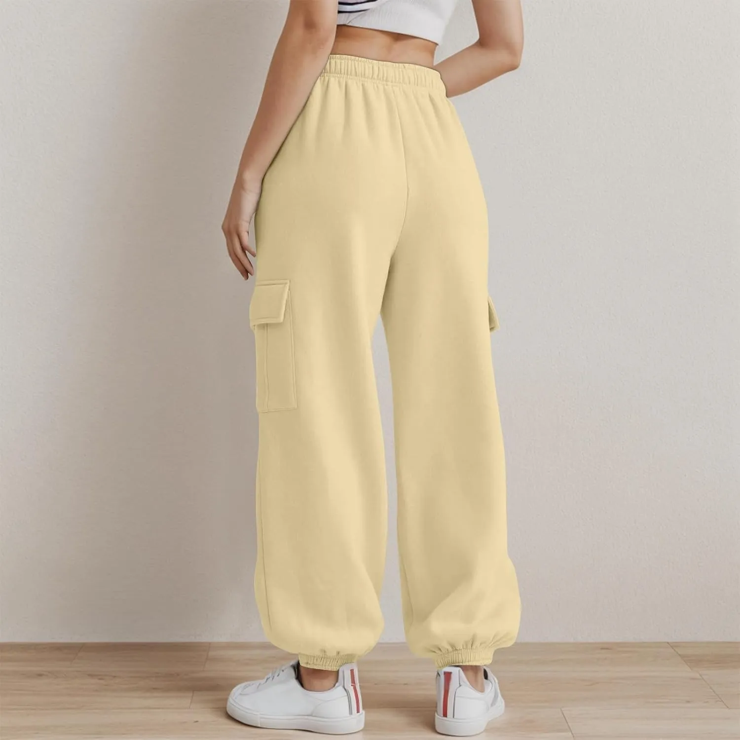 Fleece Cargo Sweatpants Women Fall Elastic High Waist Joggers Straight Leg Cinch Bottom Pants Jogger Pants with Pocket