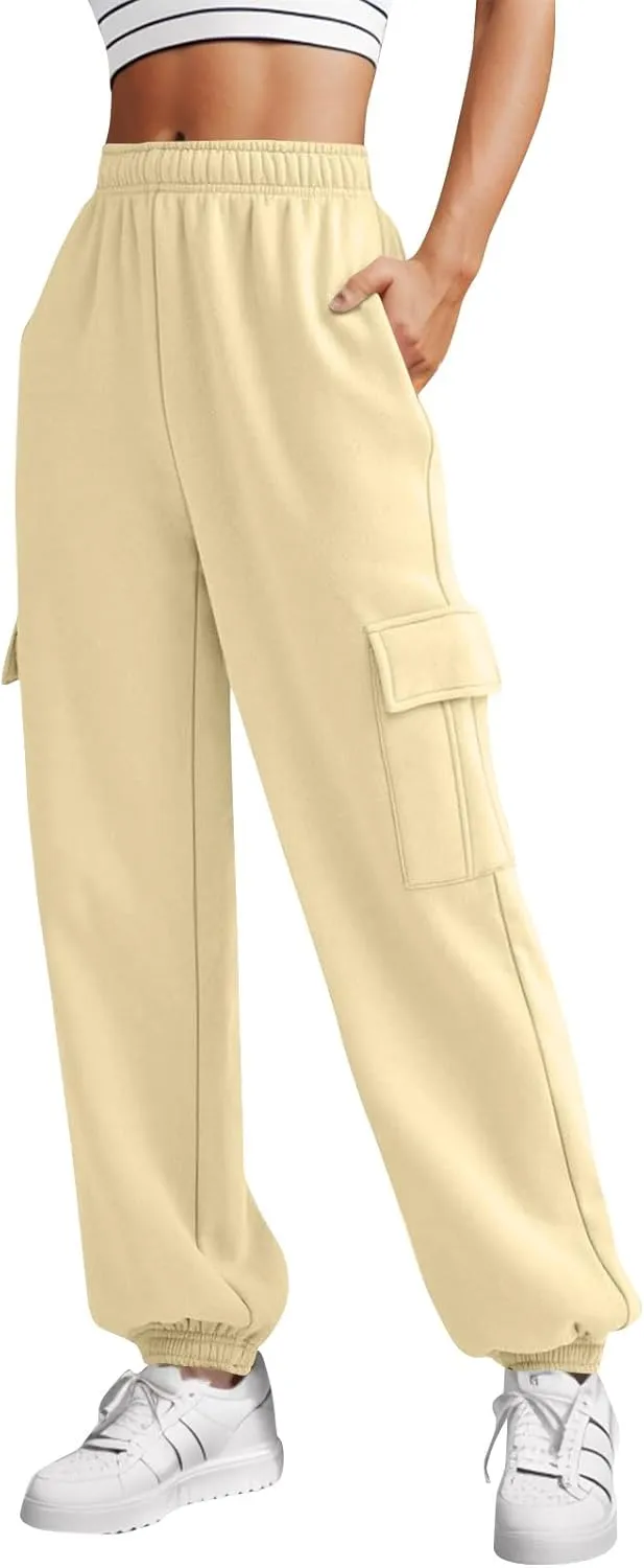 Fleece Cargo Sweatpants Women Fall Elastic High Waist Joggers Straight Leg Cinch Bottom Pants Jogger Pants with Pocket
