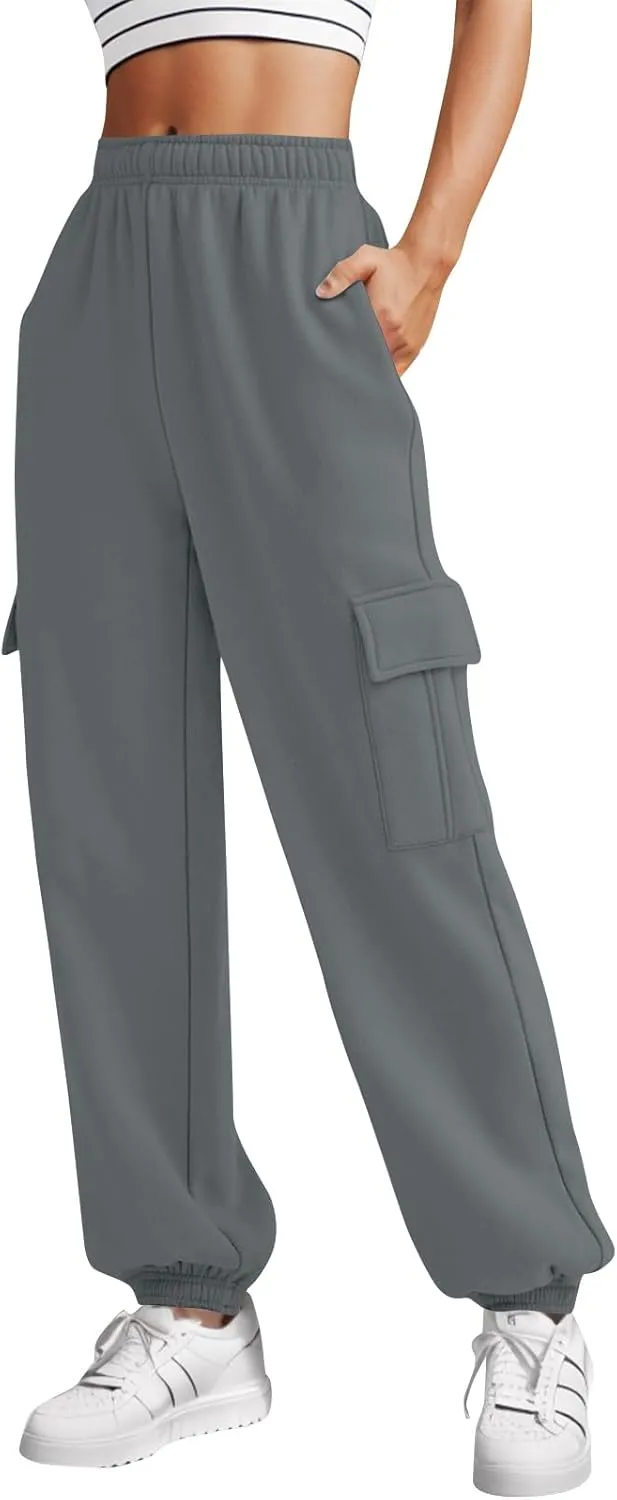 Fleece Cargo Sweatpants Women Fall Elastic High Waist Joggers Straight Leg Cinch Bottom Pants Jogger Pants with Pocket