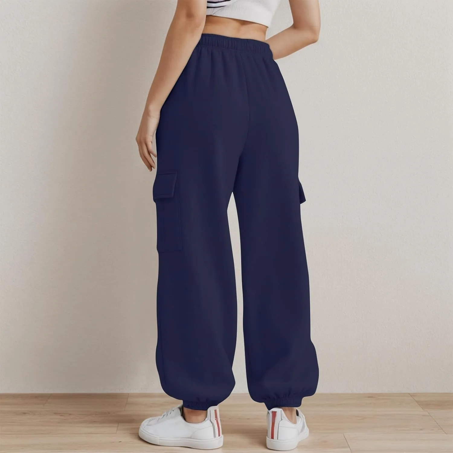 Fleece Cargo Sweatpants Women Fall Elastic High Waist Joggers Straight Leg Cinch Bottom Pants Jogger Pants with Pocket