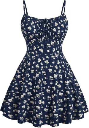 Floerns Women's Plus Size Boho Floral Milkmaid Bow Tie Ruched Cami Summer Holiday Flowy Mini Dress