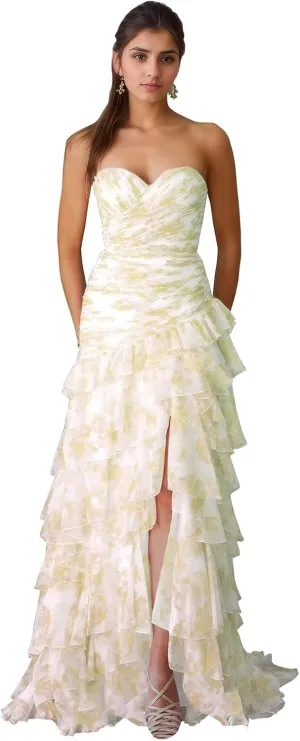 Floral Print Tiered Chiffon Prom Dresses Long Ball Gown 2025 Strapless Mermaid Formal Evening Gowns with Slit