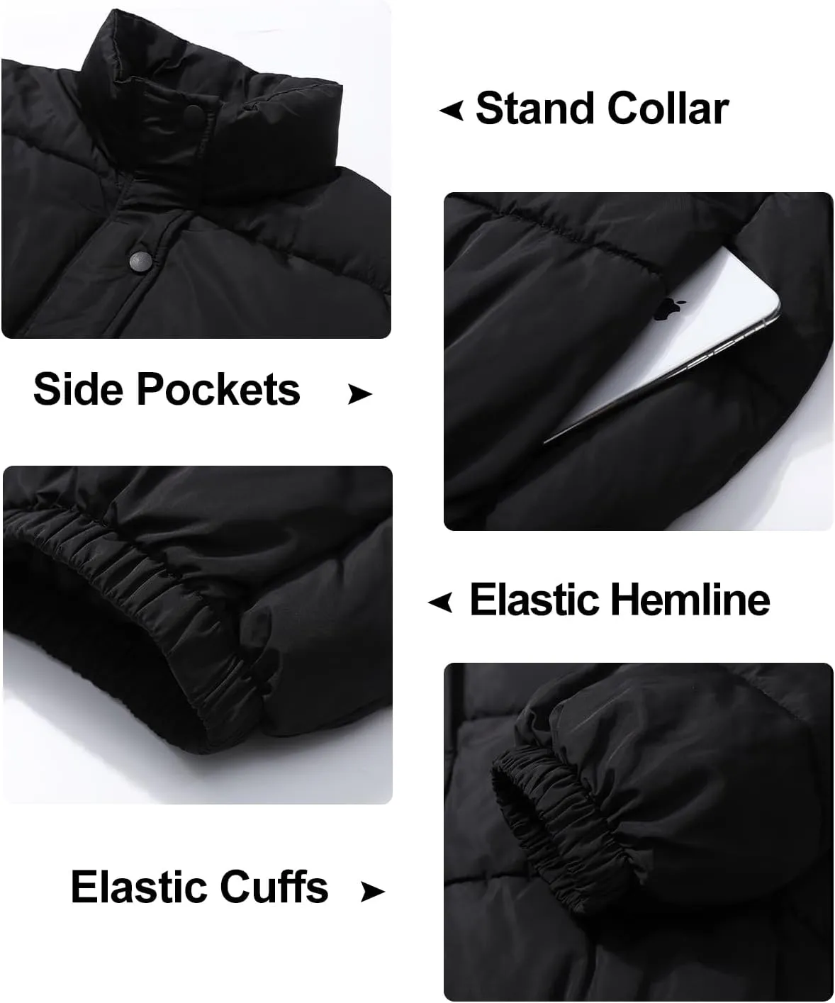 Flygo Womens Lightweight Quilted Jacket Long Sleeve Stand Collar Zipper Cropped Puffer Jacket Warm Winter Coat