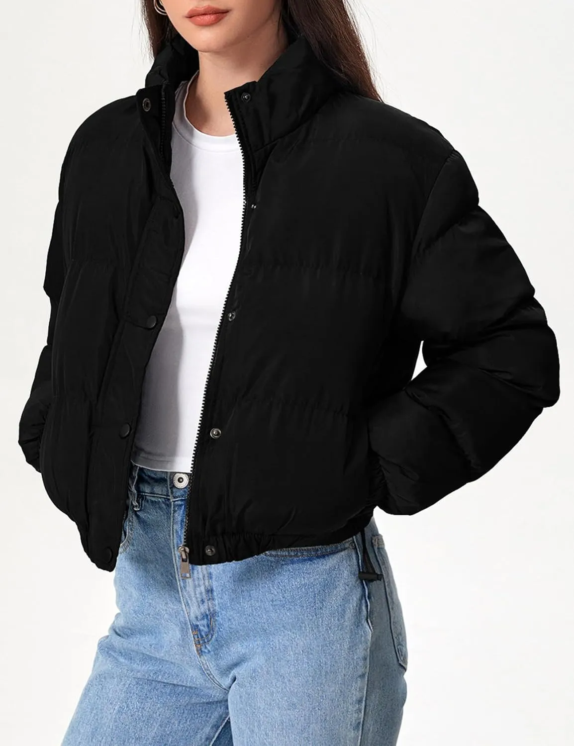 Flygo Womens Lightweight Quilted Jacket Long Sleeve Stand Collar Zipper Cropped Puffer Jacket Warm Winter Coat