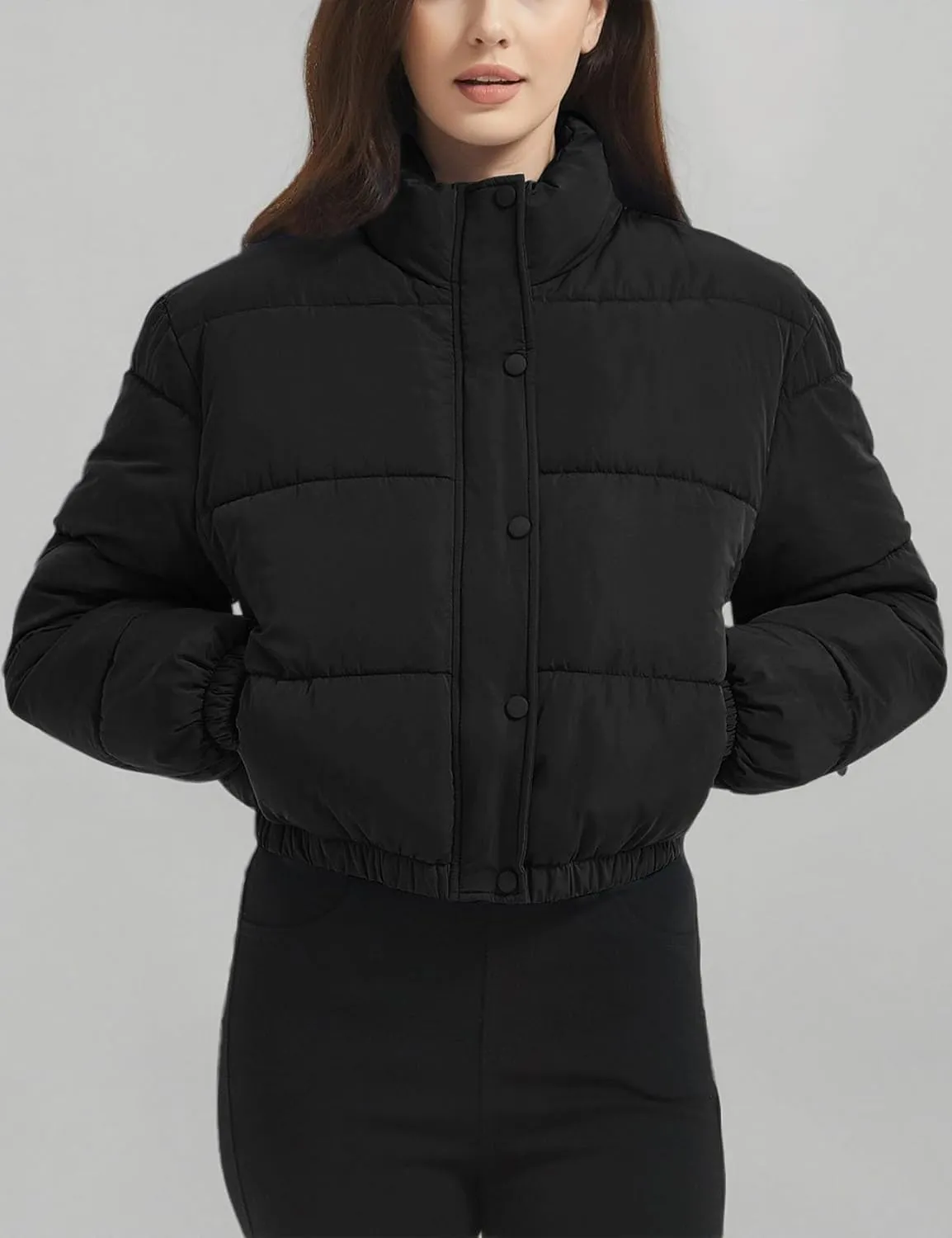 Flygo Womens Lightweight Quilted Jacket Long Sleeve Stand Collar Zipper Cropped Puffer Jacket Warm Winter Coat
