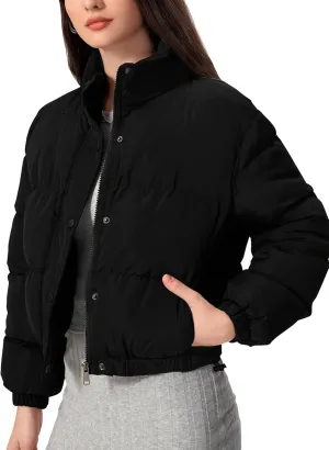 Flygo Womens Lightweight Quilted Jacket Long Sleeve Stand Collar Zipper Cropped Puffer Jacket Warm Winter Coat