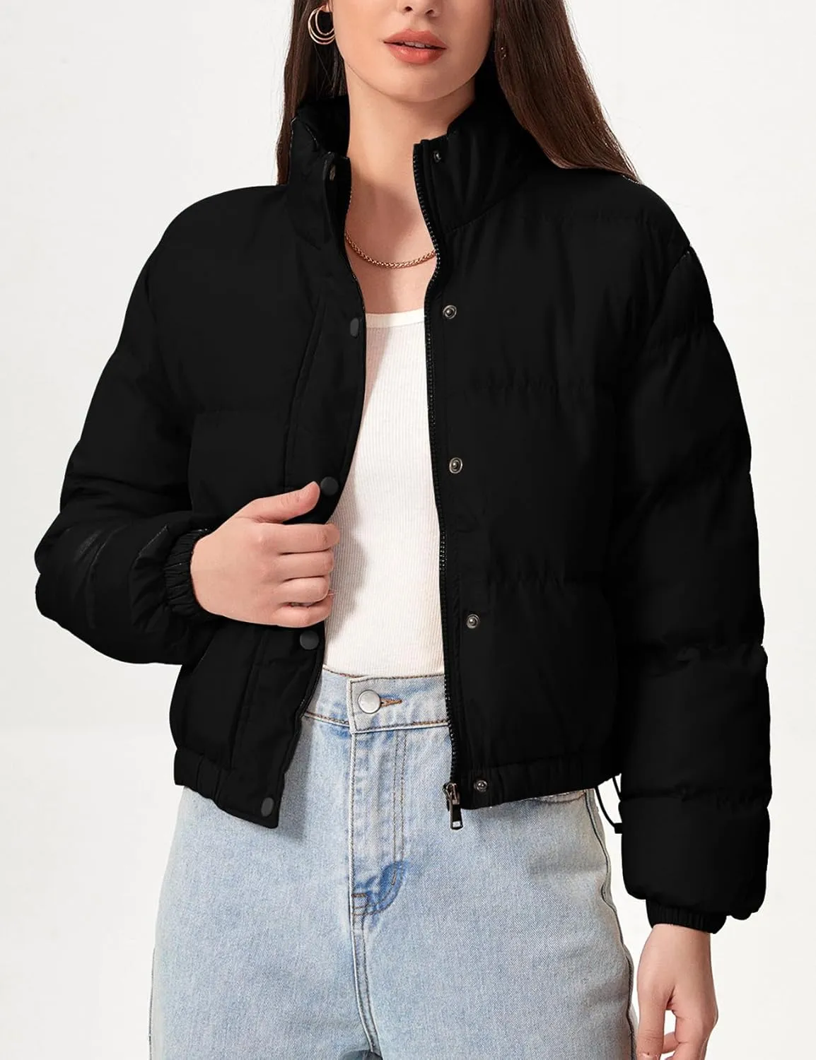 Flygo Womens Lightweight Quilted Jacket Long Sleeve Stand Collar Zipper Cropped Puffer Jacket Warm Winter Coat