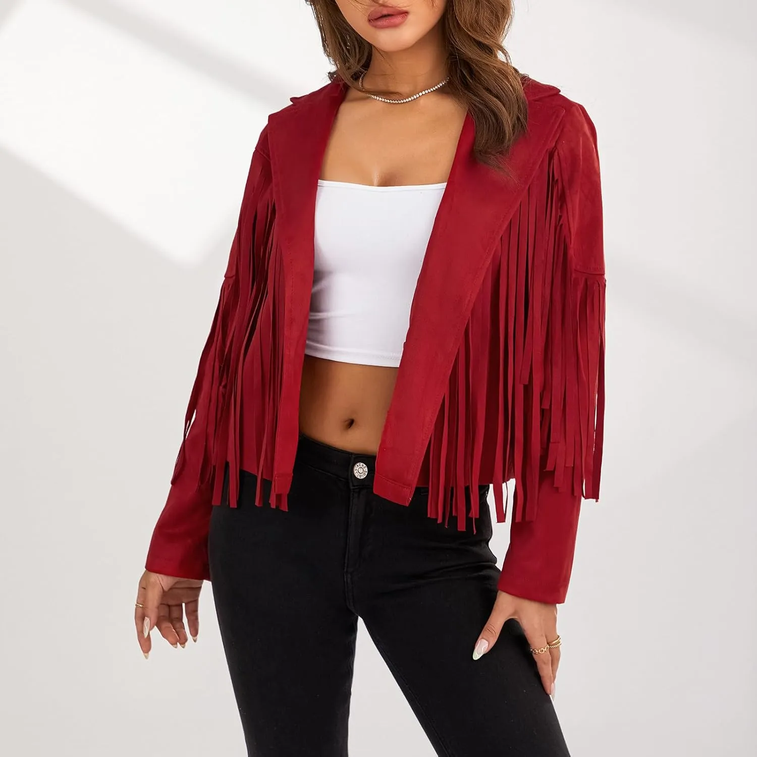 FOMOYUU Women's Chic Cropped Tassel Fringe Jacket Faux Suede Moto Jacket Vintage Lapel Long Sleeve Coat Hippie Cardigan
