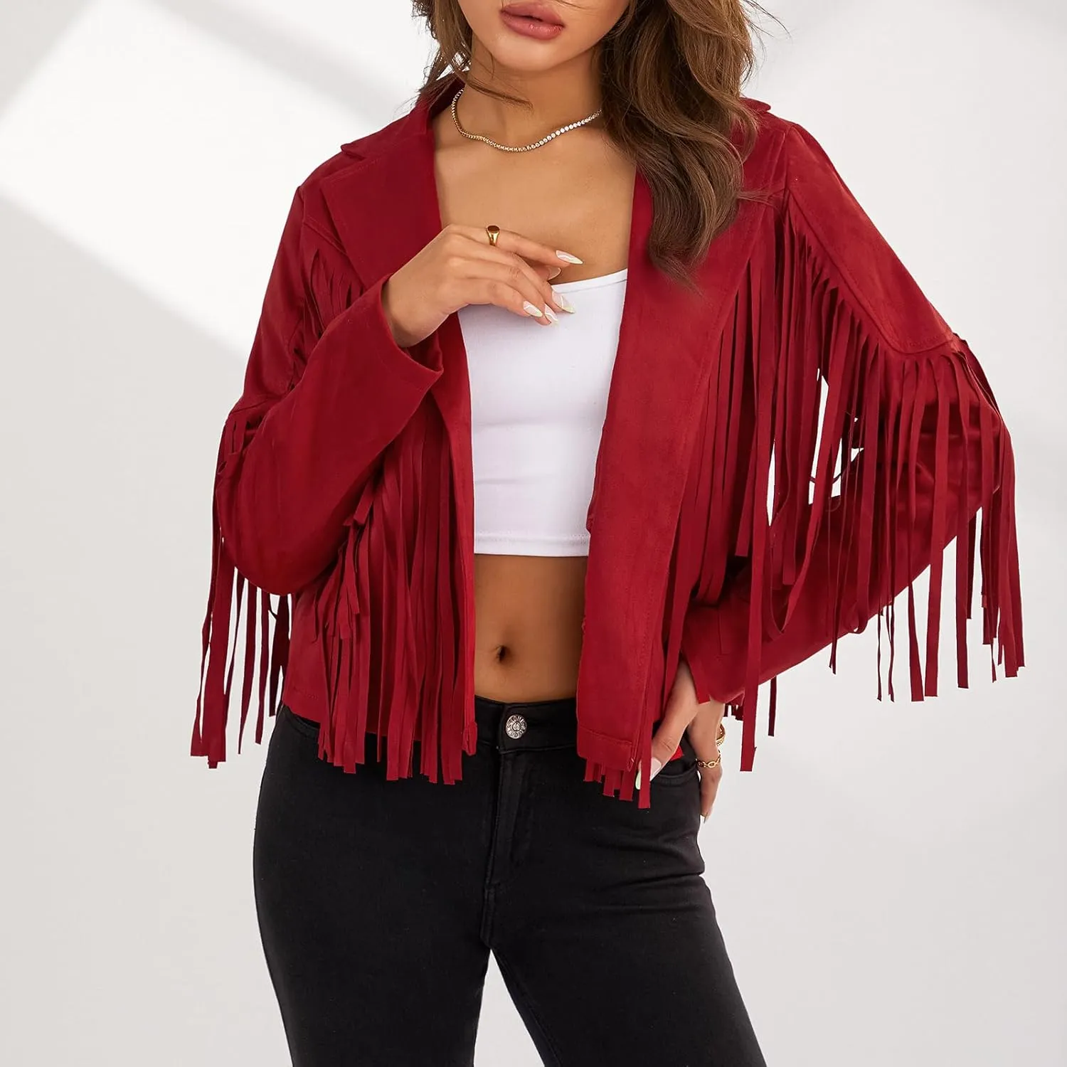 FOMOYUU Women's Chic Cropped Tassel Fringe Jacket Faux Suede Moto Jacket Vintage Lapel Long Sleeve Coat Hippie Cardigan