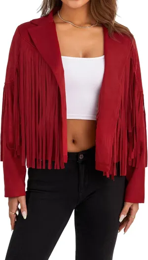 FOMOYUU Women's Chic Cropped Tassel Fringe Jacket Faux Suede Moto Jacket Vintage Lapel Long Sleeve Coat Hippie Cardigan