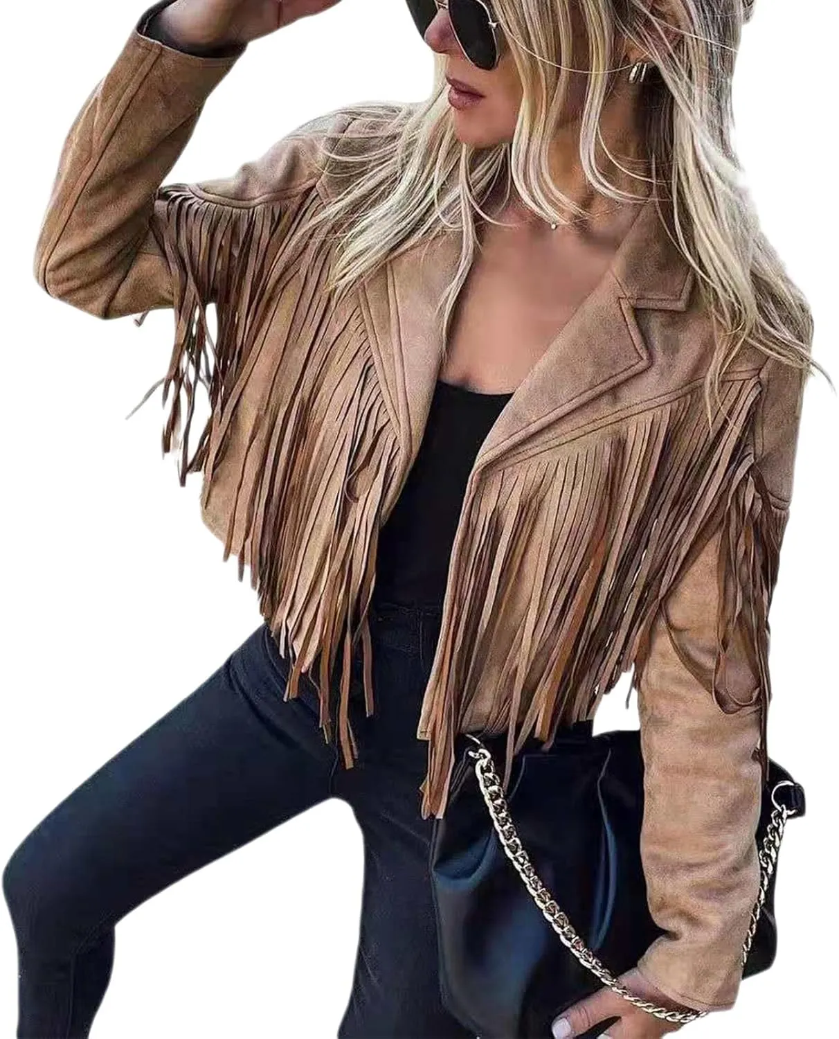 FOMOYUU Women's Chic Cropped Tassel Fringe Jacket Faux Suede Moto Jacket Vintage Lapel Long Sleeve Coat Hippie Cardigan