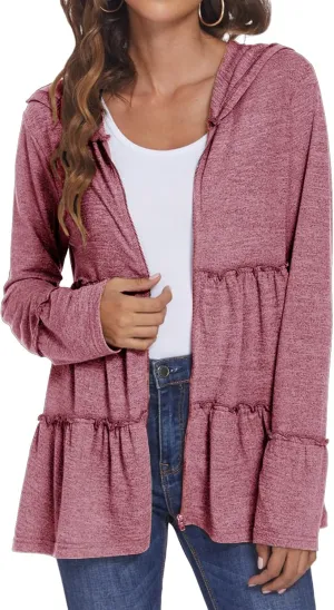 Full Zip Up Hoodie Women Pleated Tiered Ruffle Hooded Sweatshirt Lightweight Open Front Cardigan Coat Casual Jacket