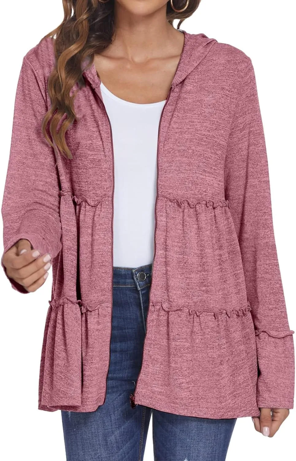 Full Zip Up Hoodie Women Pleated Tiered Ruffle Hooded Sweatshirt Lightweight Open Front Cardigan Coat Casual Jacket