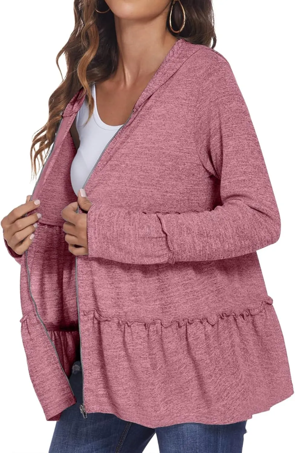 Full Zip Up Hoodie Women Pleated Tiered Ruffle Hooded Sweatshirt Lightweight Open Front Cardigan Coat Casual Jacket