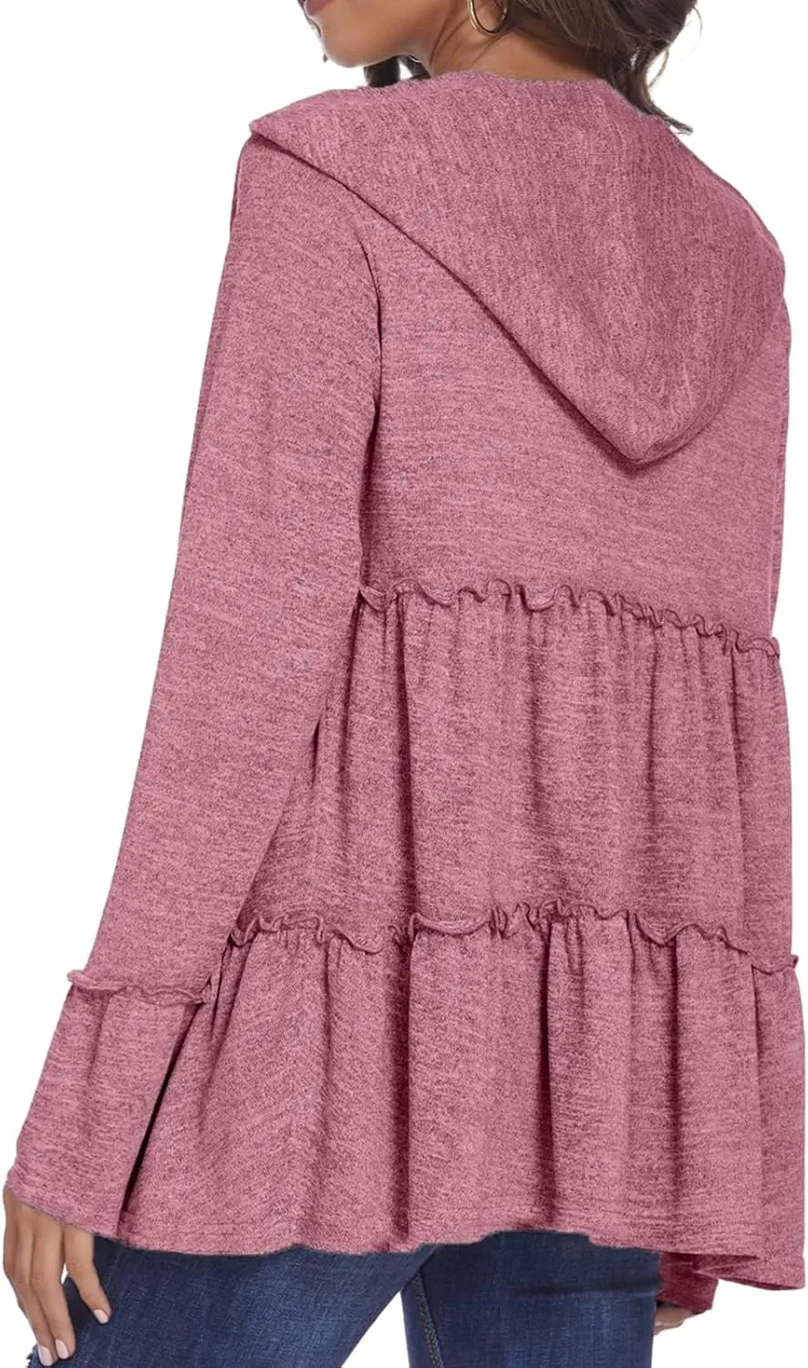 Full Zip Up Hoodie Women Pleated Tiered Ruffle Hooded Sweatshirt Lightweight Open Front Cardigan Coat Casual Jacket