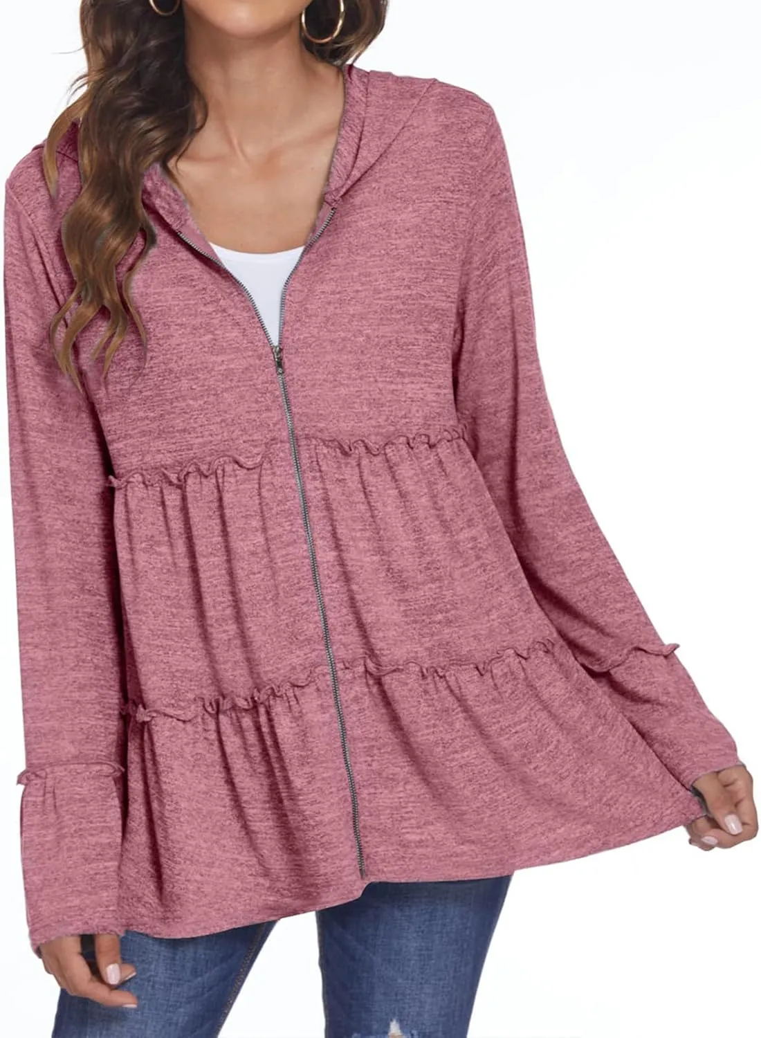 Full Zip Up Hoodie Women Pleated Tiered Ruffle Hooded Sweatshirt Lightweight Open Front Cardigan Coat Casual Jacket