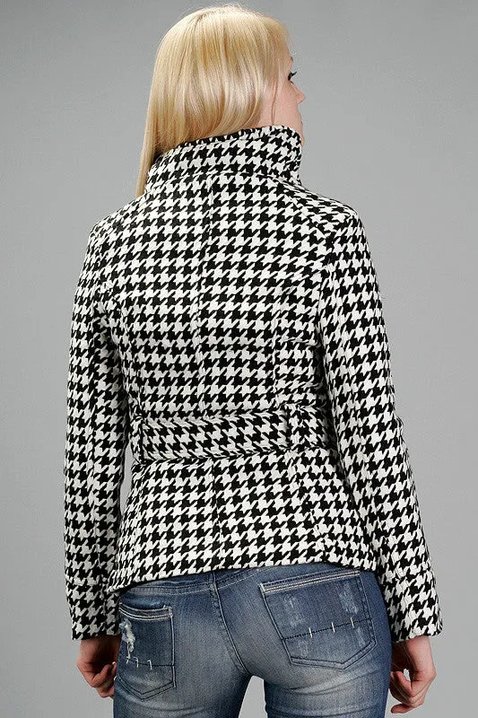 Funnel Neck Houndstooth Coat