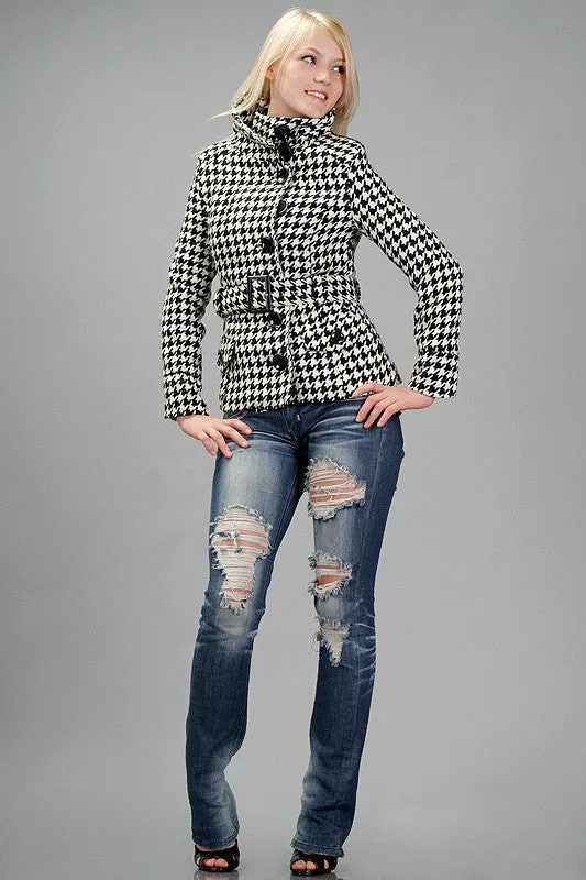 Funnel Neck Houndstooth Coat