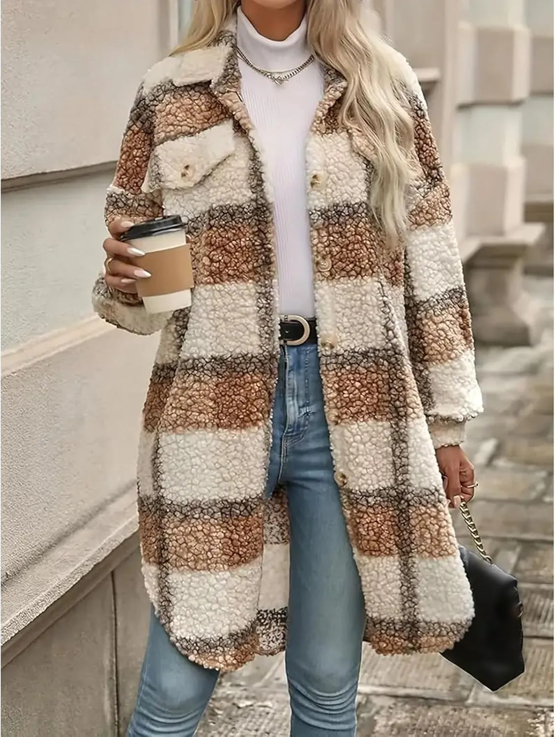 Fuzzy Fleece Plaid Jacket Womens Button Down Lapel Sherpa Shacket Faux Fur Teddy Coats Long Trench Coat with Pockets