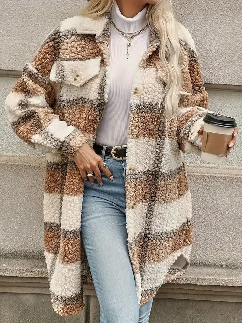 Fuzzy Fleece Plaid Jacket Womens Button Down Lapel Sherpa Shacket Faux Fur Teddy Coats Long Trench Coat with Pockets