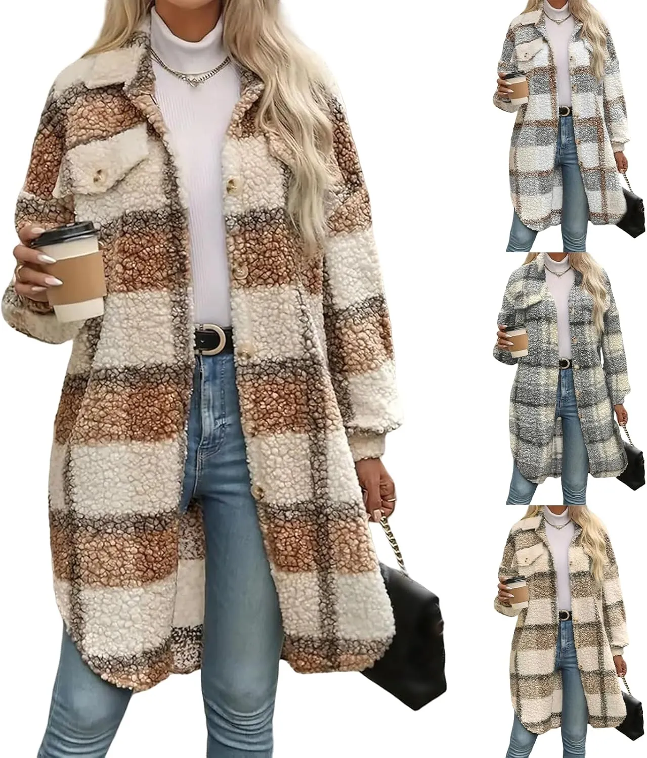 Fuzzy Fleece Plaid Jacket Womens Button Down Lapel Sherpa Shacket Faux Fur Teddy Coats Long Trench Coat with Pockets