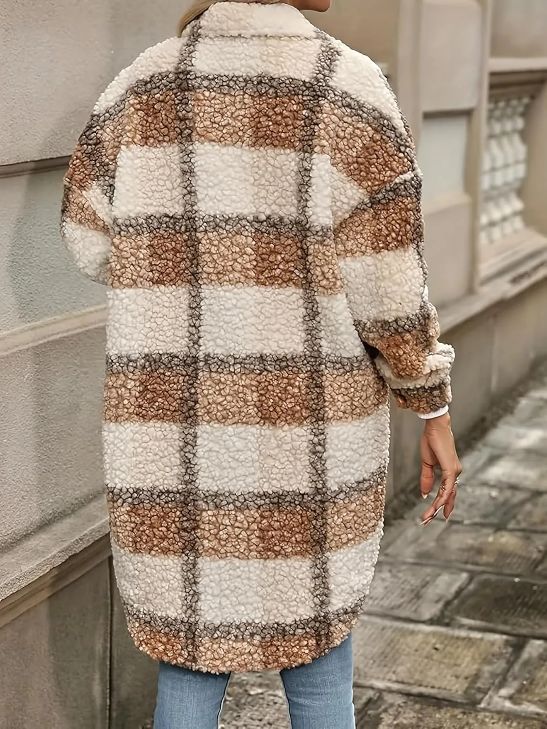 Fuzzy Fleece Plaid Jacket Womens Button Down Lapel Sherpa Shacket Faux Fur Teddy Coats Long Trench Coat with Pockets