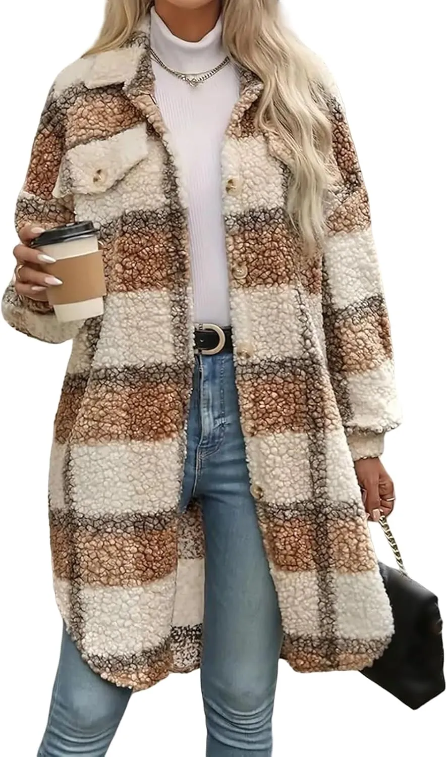 Fuzzy Fleece Plaid Jacket Womens Button Down Lapel Sherpa Shacket Faux Fur Teddy Coats Long Trench Coat with Pockets