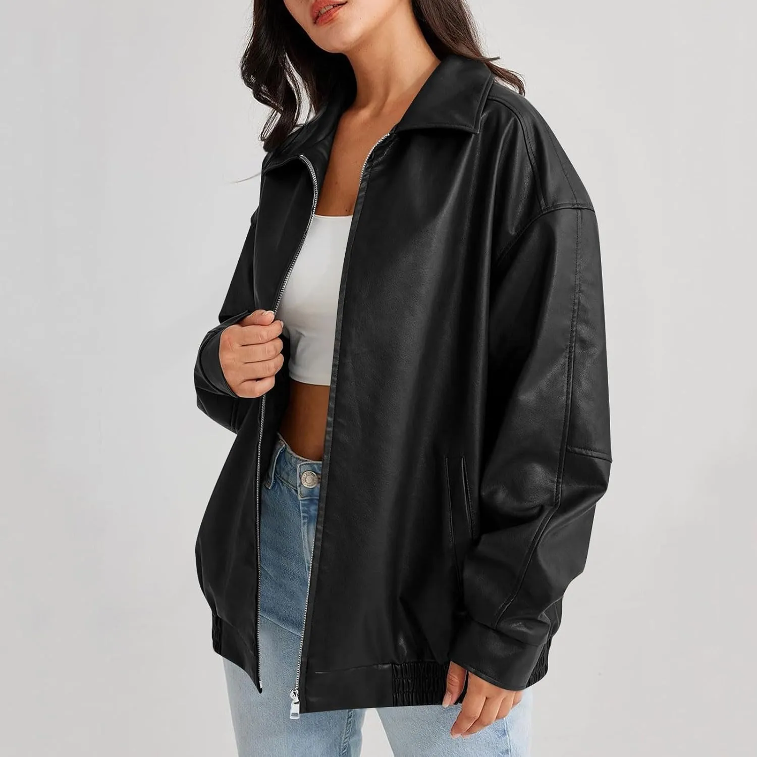 GOFULY Leather Jacket Women Oversized Faux Zip Up Casual Coats Trendy 2024 Motocycle Jackets Winter Fall Clothes With Pockets