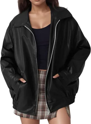 GOFULY Leather Jacket Women Oversized Faux Zip Up Casual Coats Trendy 2024 Motocycle Jackets Winter Fall Clothes With Pockets