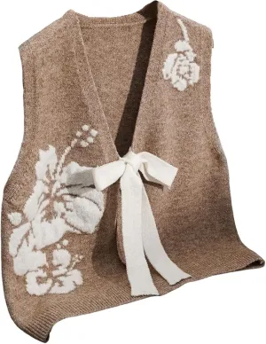 GORGLITTER Women's Bow Tie Front Cardigan Vest Tops Trendy Sleeveless Flora V Neck Knit Tops Western Cowgirl Outfits