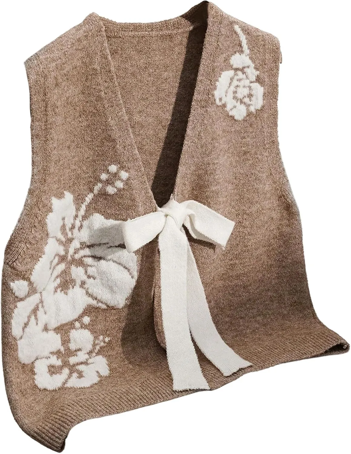 GORGLITTER Women's Bow Tie Front Cardigan Vest Tops Trendy Sleeveless Flora V Neck Knit Tops Western Cowgirl Outfits