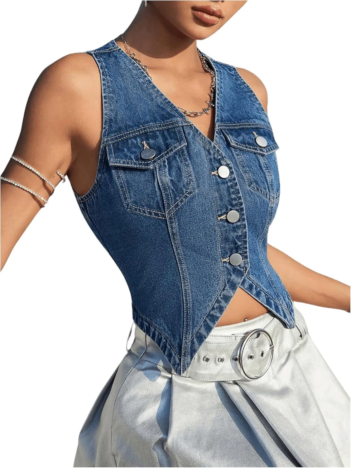 GORGLITTER Women's Y2K Denim Vest Sleeveless V Neck Denim Top Button Down Vest Jacket