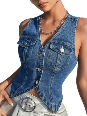 GORGLITTER Women's Y2K Denim Vest Sleeveless V Neck Denim Top Button Down Vest Jacket
